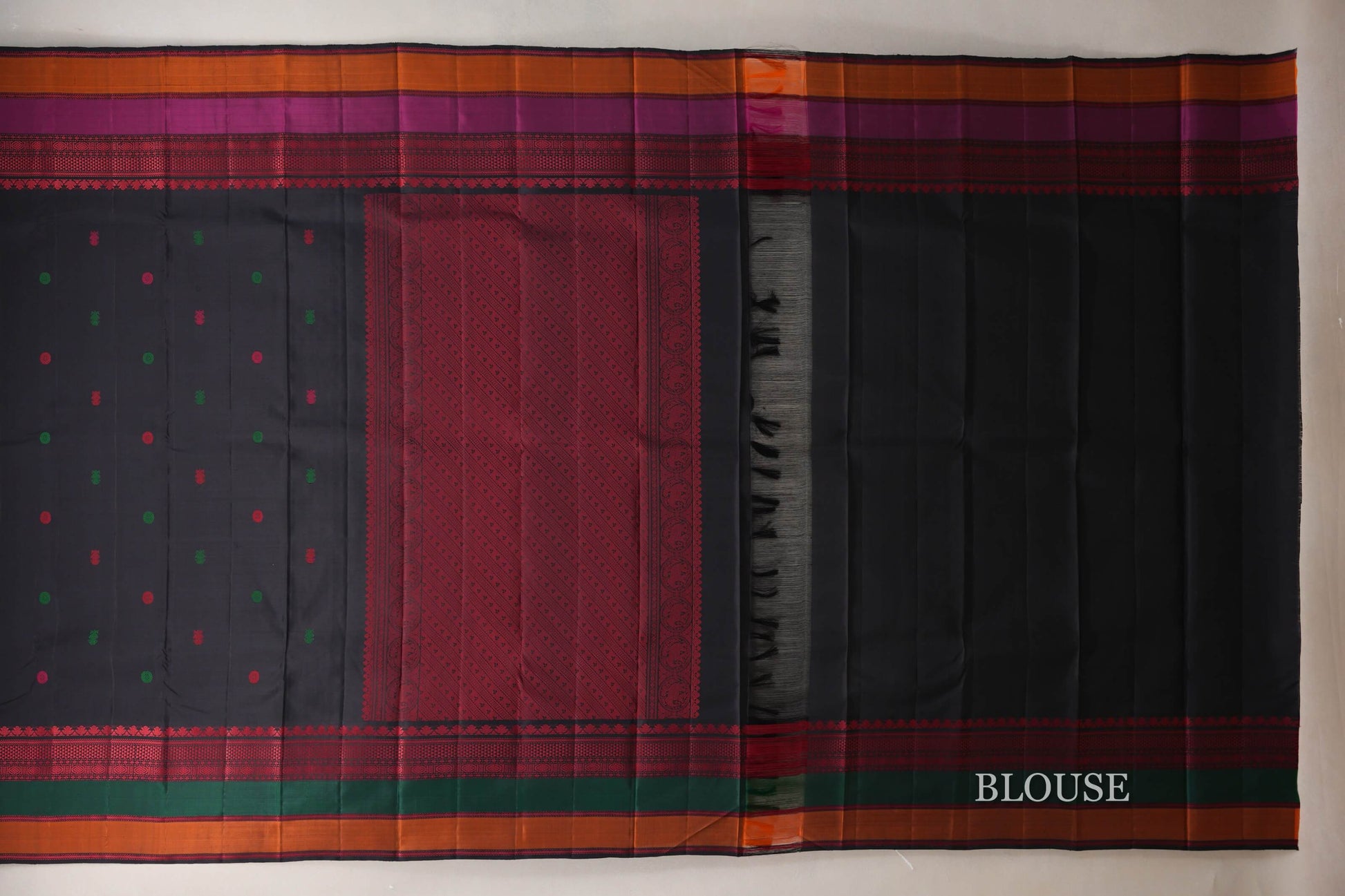 Deep Black with Multi Color Borders Thread Woven Kanjivaram Silk Saree blouse