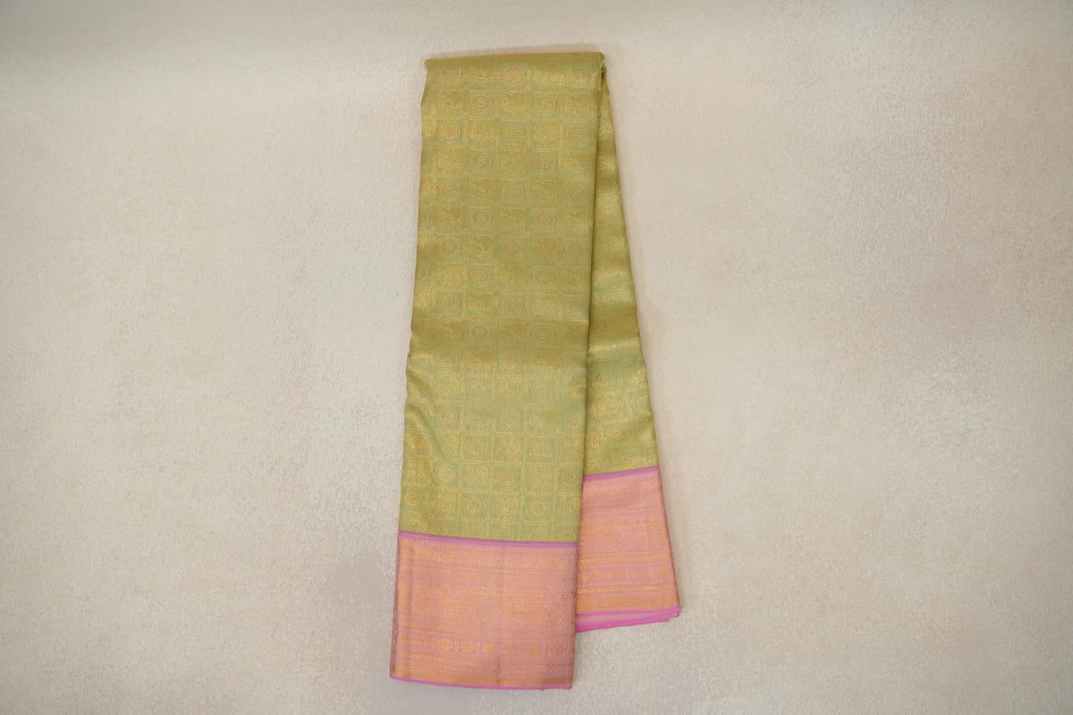Pastel Green with Baby Pink Borders Kanjivaram Silk Saree by Tharakaram PSTK040179