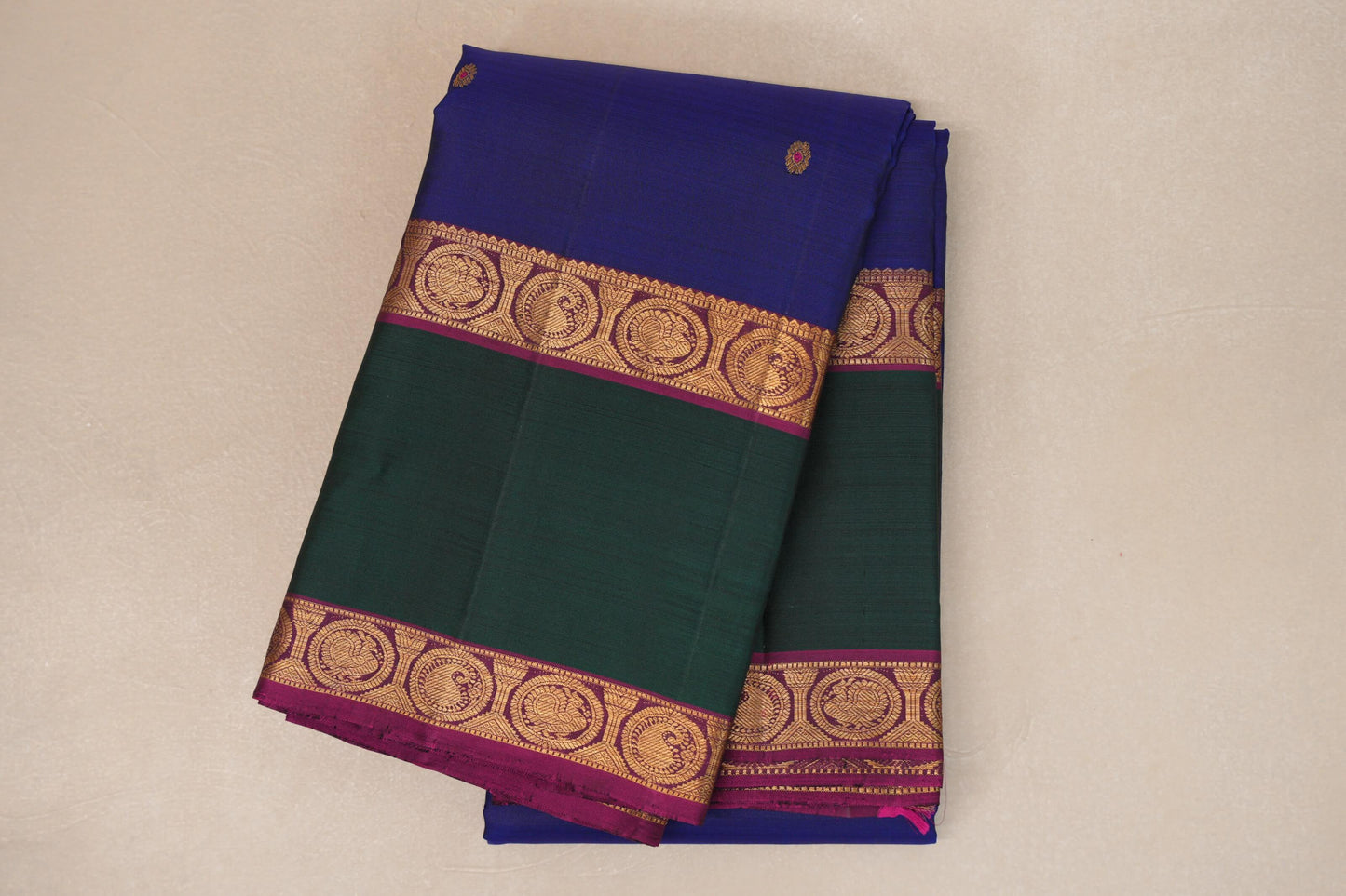 folded Deep Blue with Emerald Green and Magenta Borders Vintage Kanjivaram Silk Saree 