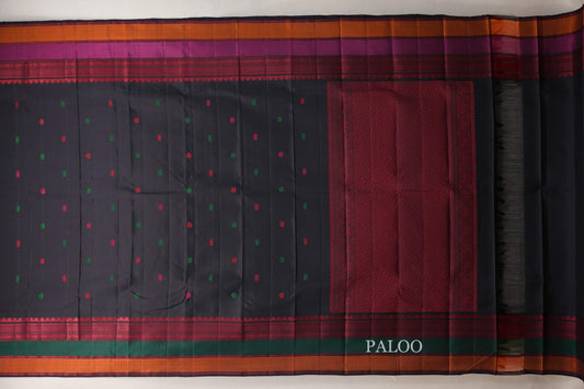 Deep Black with Multi Color Borders Thread Woven Kanjivaram Silk Saree paloo