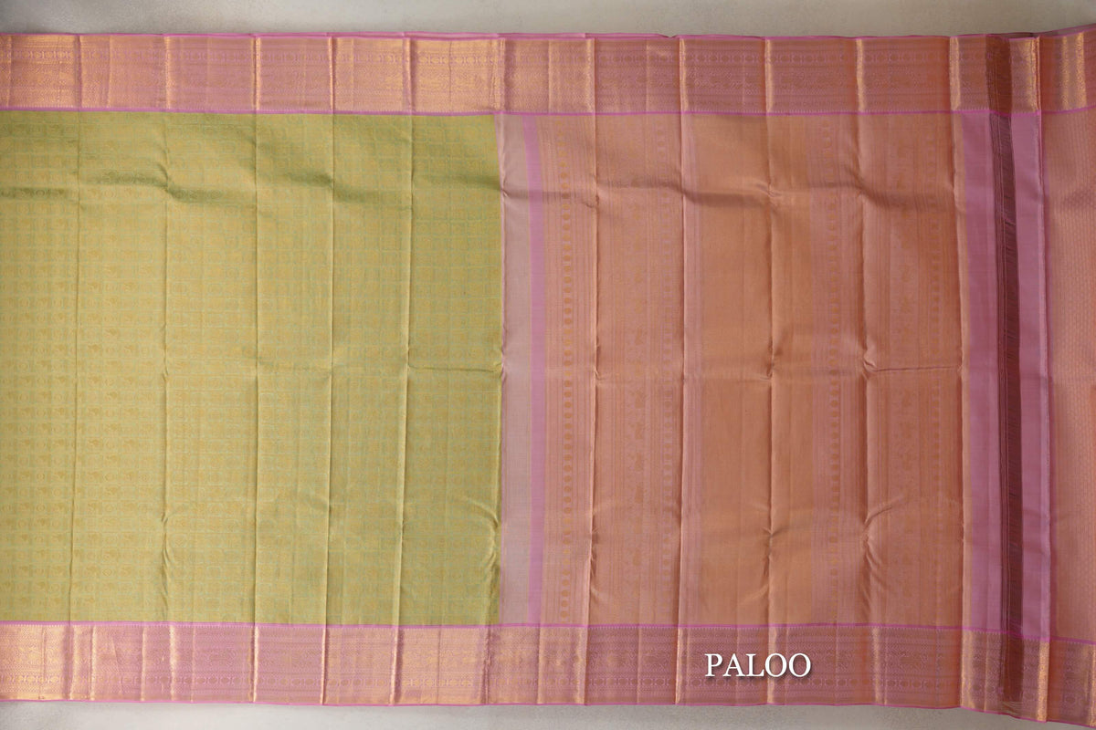 Pastel Green with Baby Pink Borders Kanjivaram Silk Saree by Tharakaram PSTK040179