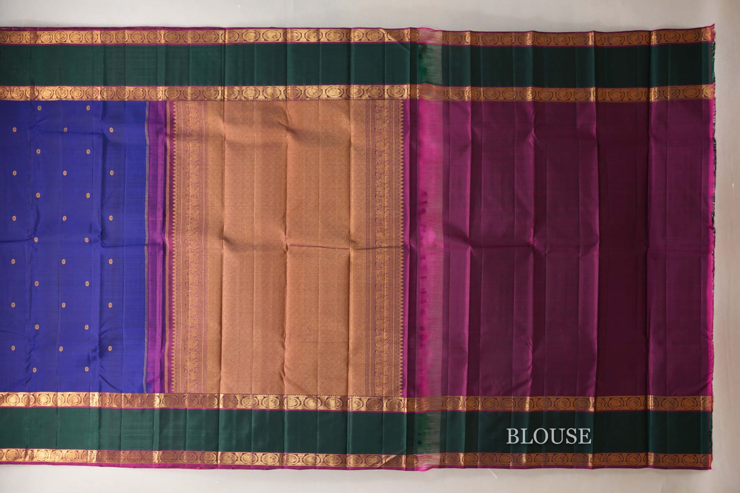 Deep Blue with Emerald Green and Magenta Borders Vintage Kanjivaram Silk Saree blouse
