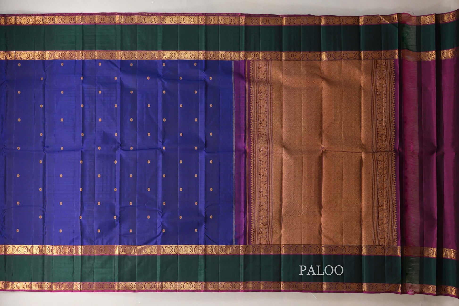 Deep Blue with Emerald Green and Magenta Borders Vintage Kanjivaram Silk Saree paloo