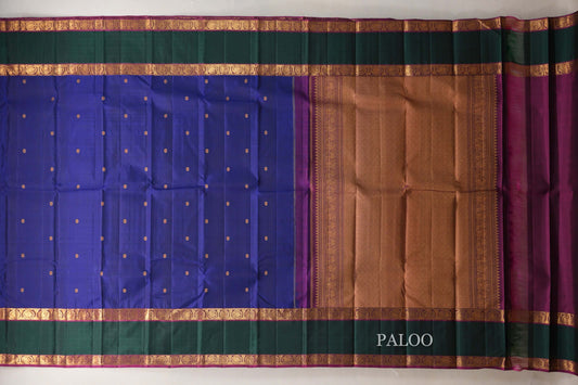 Deep Blue with Emerald Green and Magenta Borders Vintage Kanjivaram Silk Saree paloo