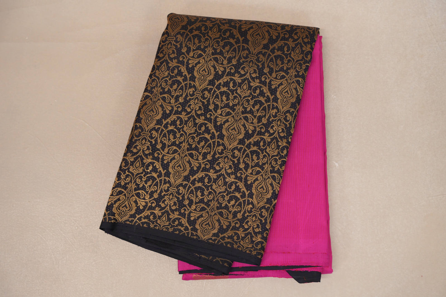 Bright Rani Pink with Black Border Vintage Kanjivaram Silk Saree  folded