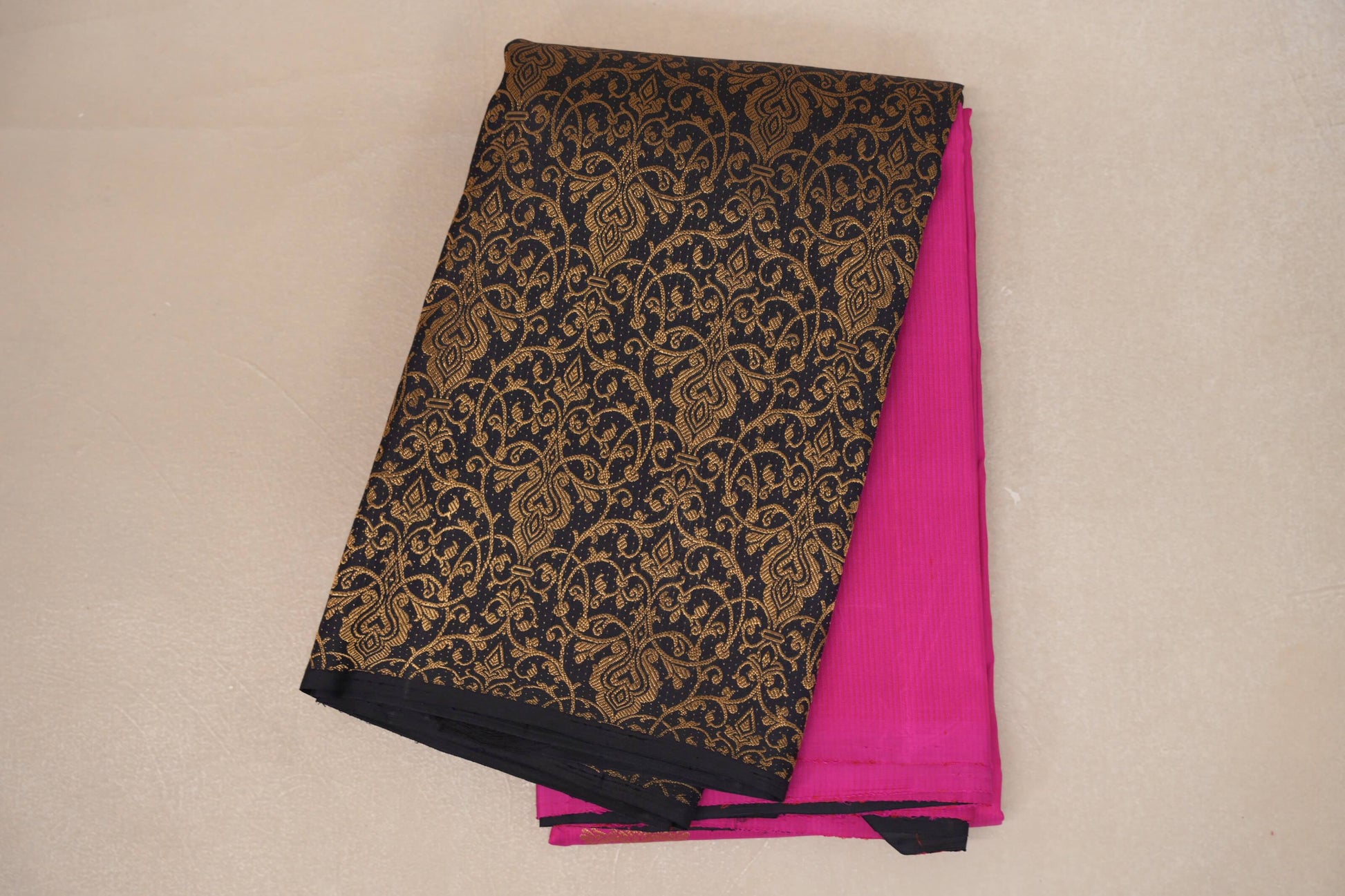 Bright Rani Pink with Black Border Vintage Kanjivaram Silk Saree  folded