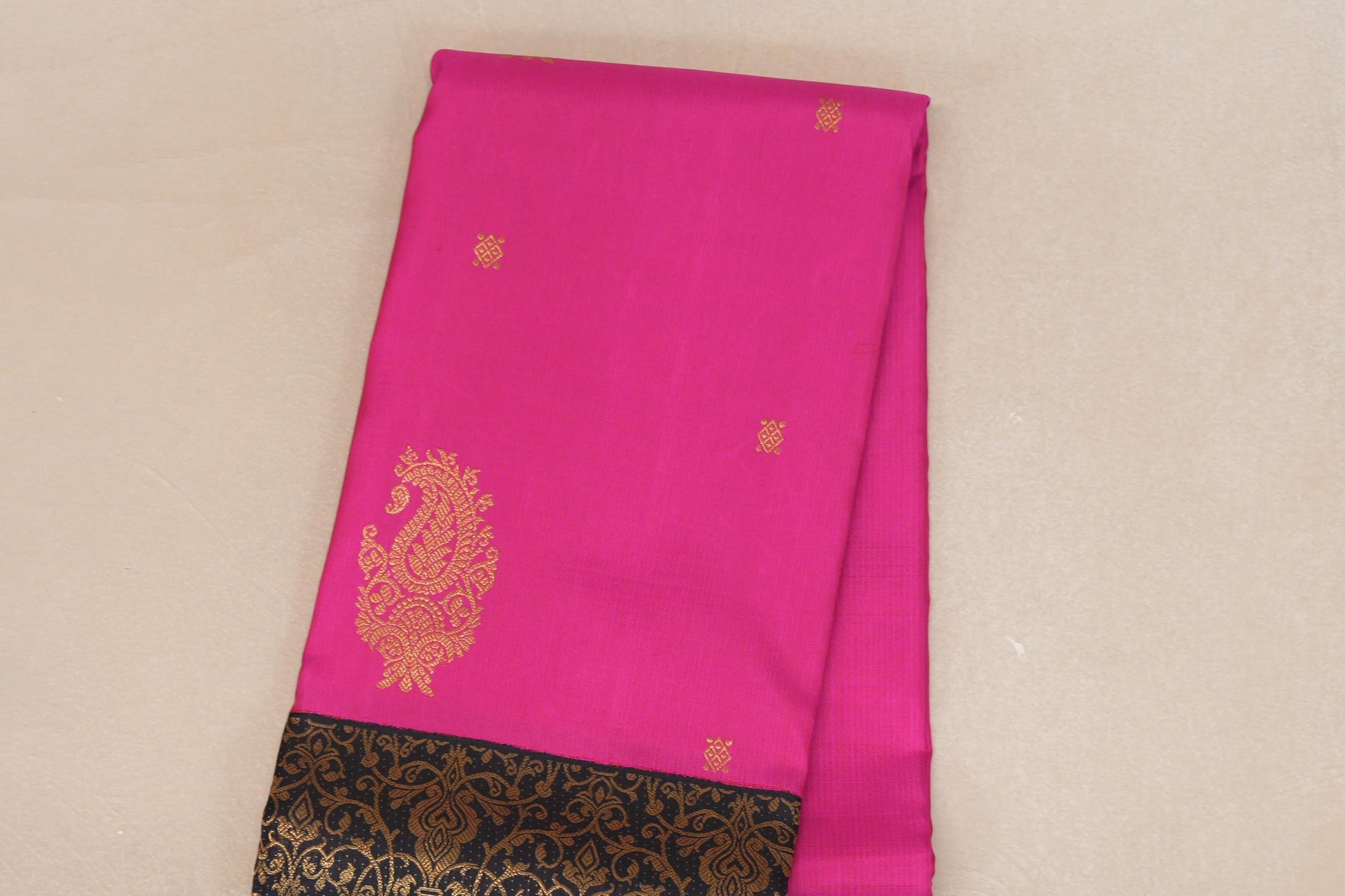 Bright Rani Pink with Black Border Vintage Kanjivaram Silk Saree  body zoom