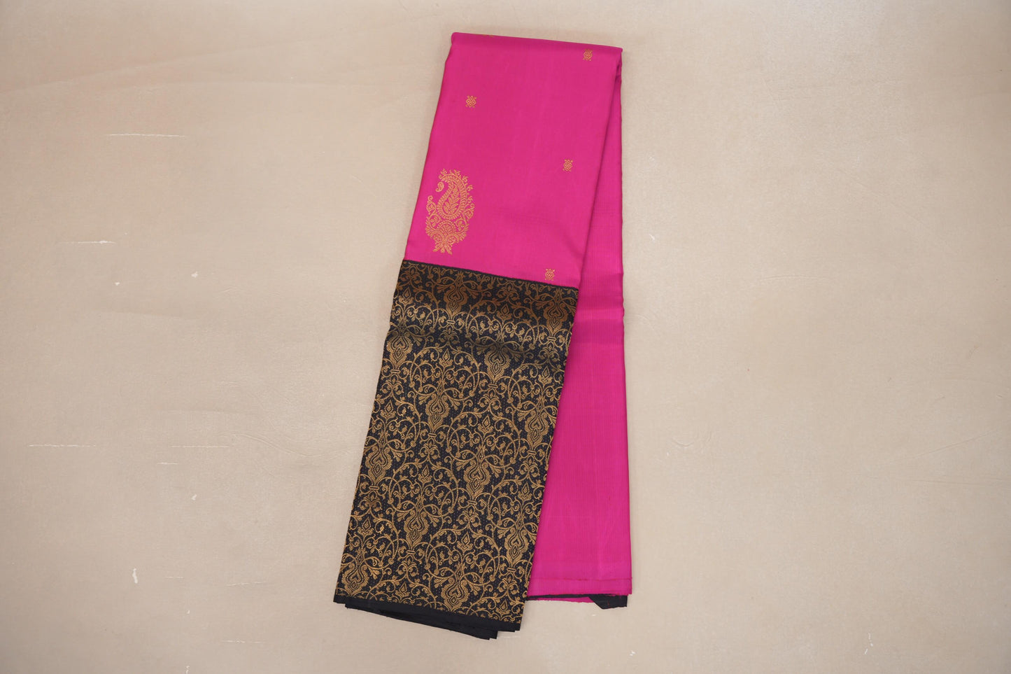 Bright Rani Pink with Black Border Vintage Kanjivaram Silk Saree  
