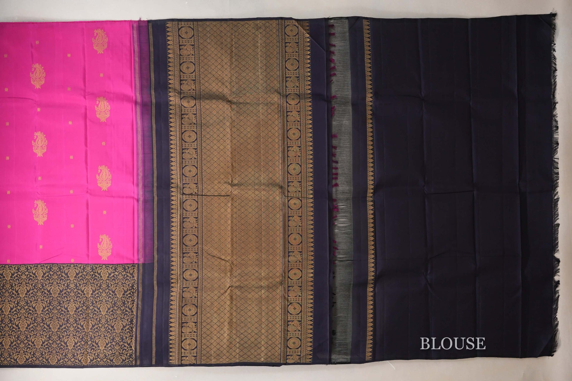Bright Rani Pink with Black Border Vintage Kanjivaram Silk Saree  blouse