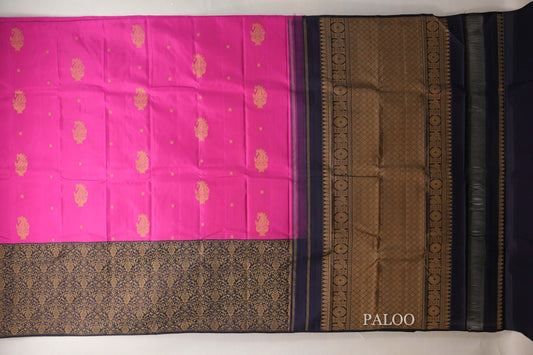 Bright Rani Pink with Black Border Vintage Kanjivaram Silk Saree  paloo