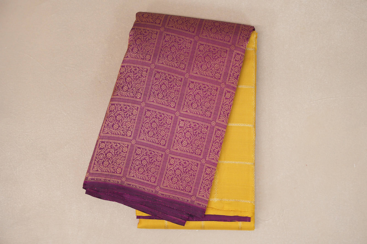 folded Bright Yellow with Magenta Pink Border Vintage Kanjivaram Silk Saree