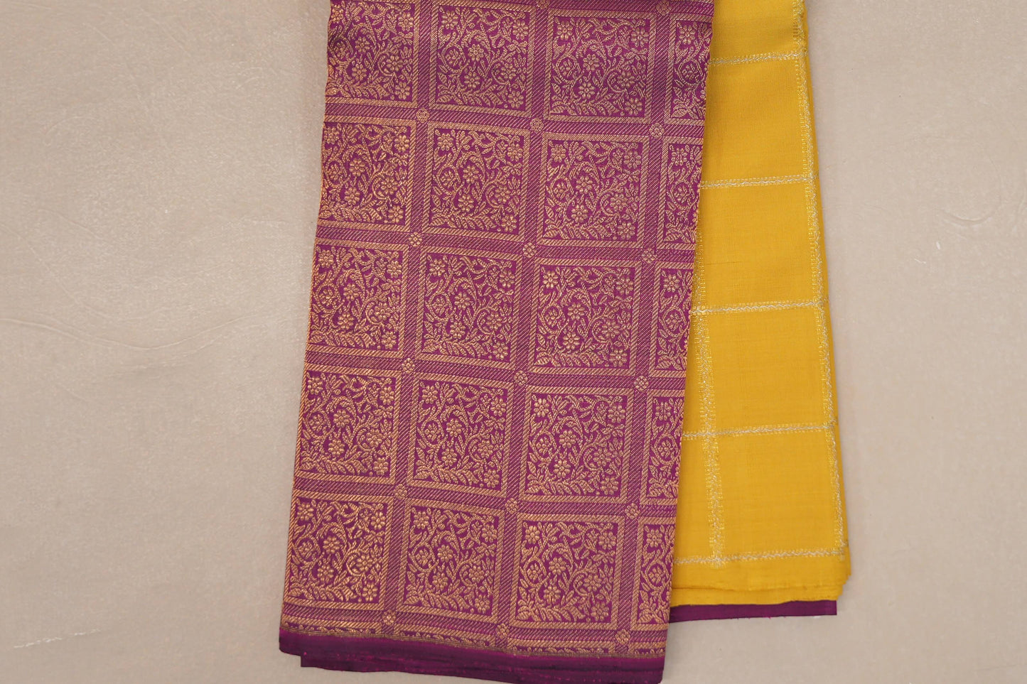 Bright Yellow with Magenta Pink Border Vintage Kanjivaram Silk Saree border zoom