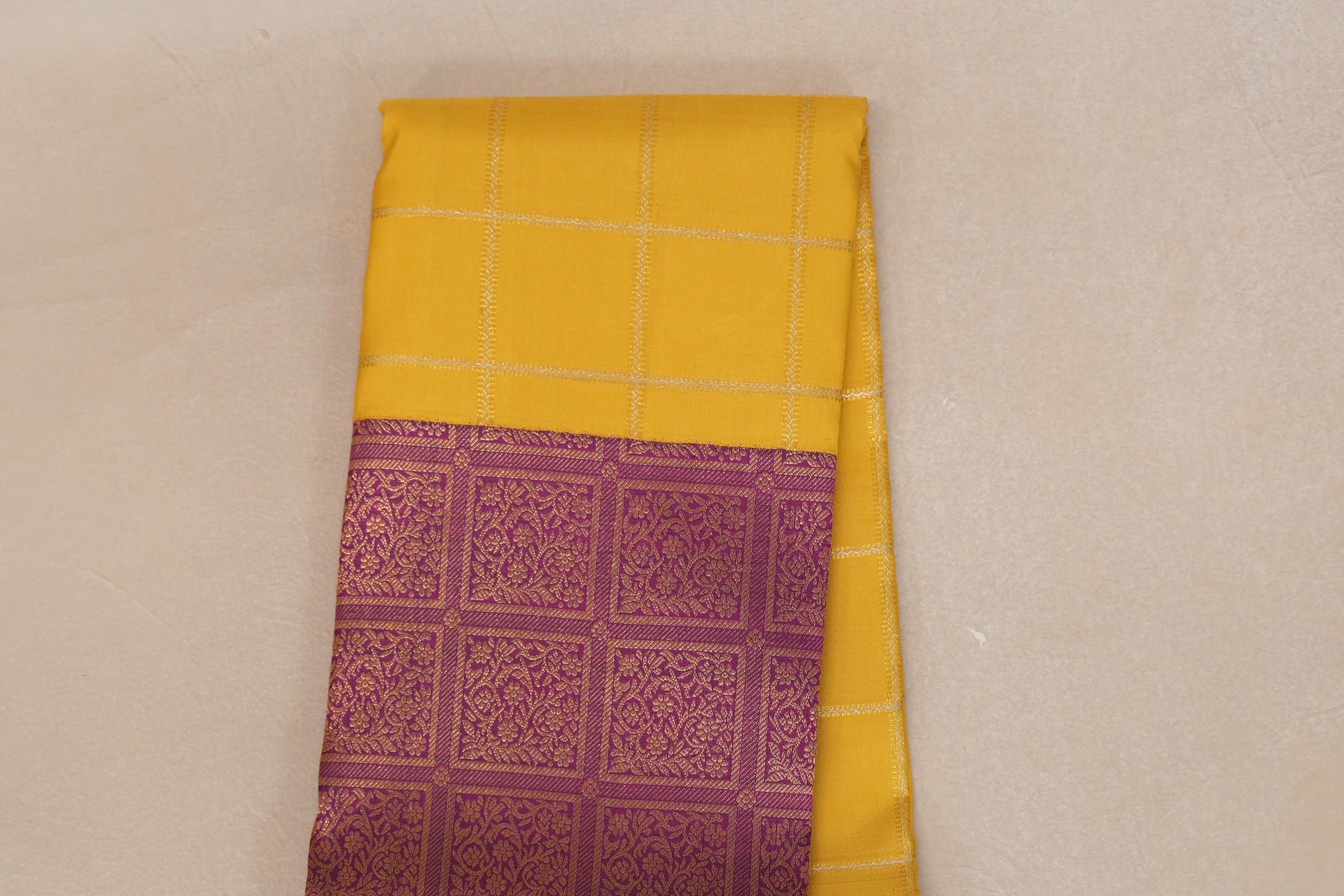 Bright Yellow with Magenta Pink Border Vintage Kanjivaram Silk Saree body zoom