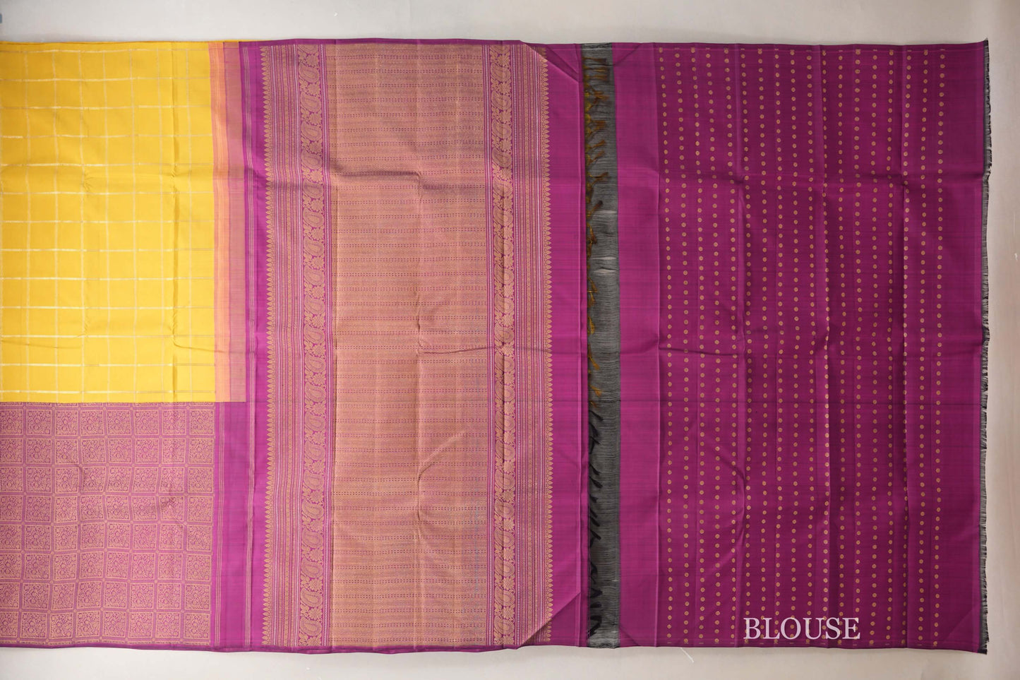 Bright Yellow with Magenta Pink Border Vintage Kanjivaram Silk Saree blouse