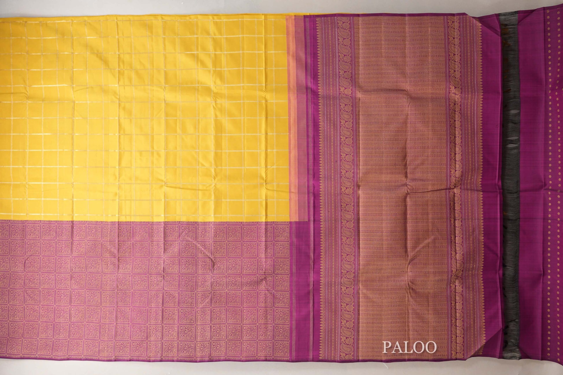 Bright Yellow with Magenta Pink Border Vintage Kanjivaram Silk Saree paloo