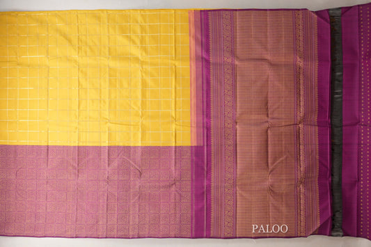Bright Yellow with Magenta Pink Border Vintage Kanjivaram Silk Saree paloo