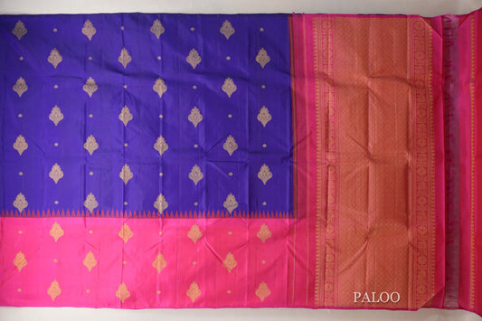 Deep Blue with Bright Pink Border Vintage Kanjivaram Silk Saree paloo