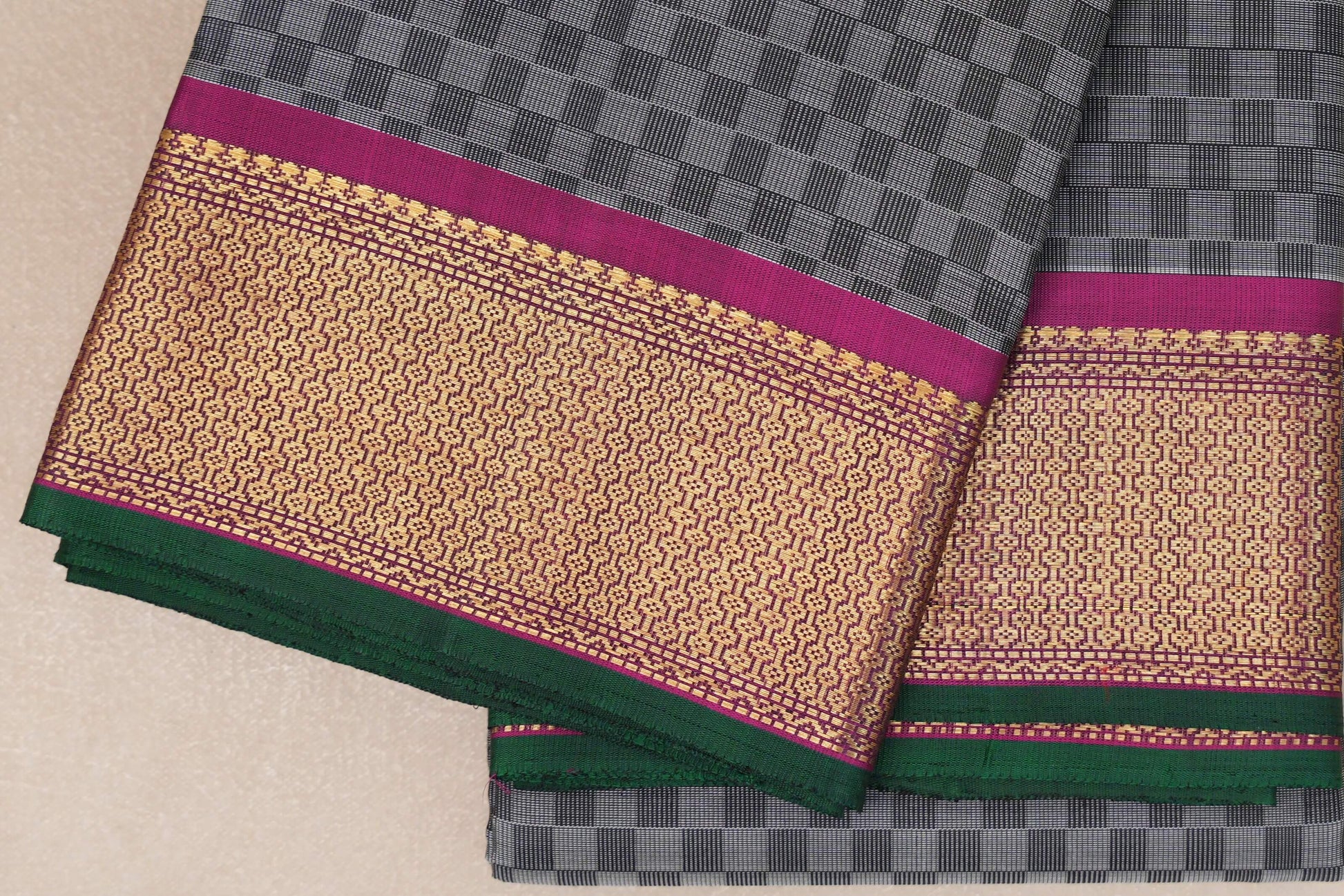 Black and Grey Checks  Vintage Kanjivaram Silk Saree border zoom