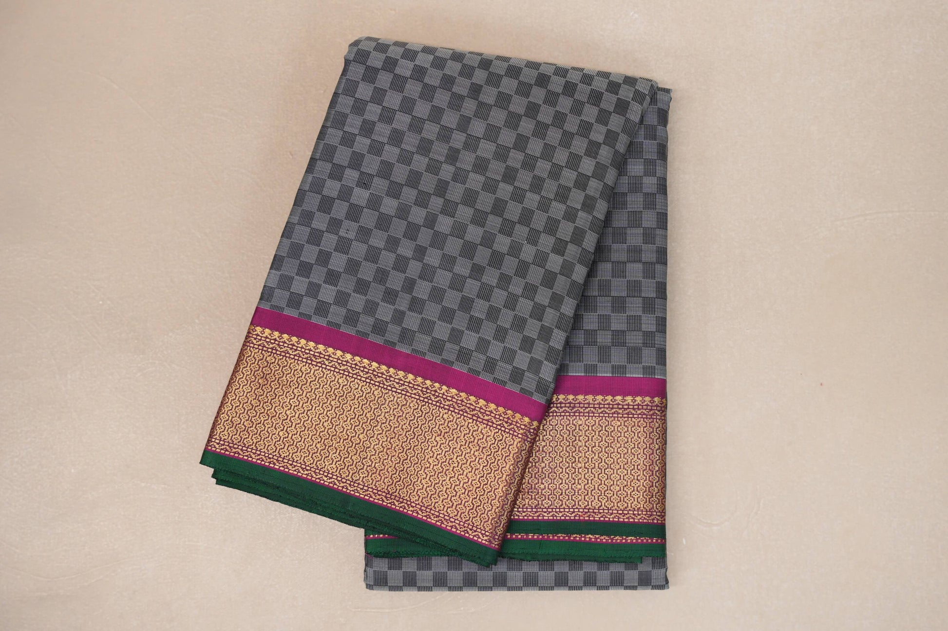 folded Black and Grey Checks  Vintage Kanjivaram Silk Saree