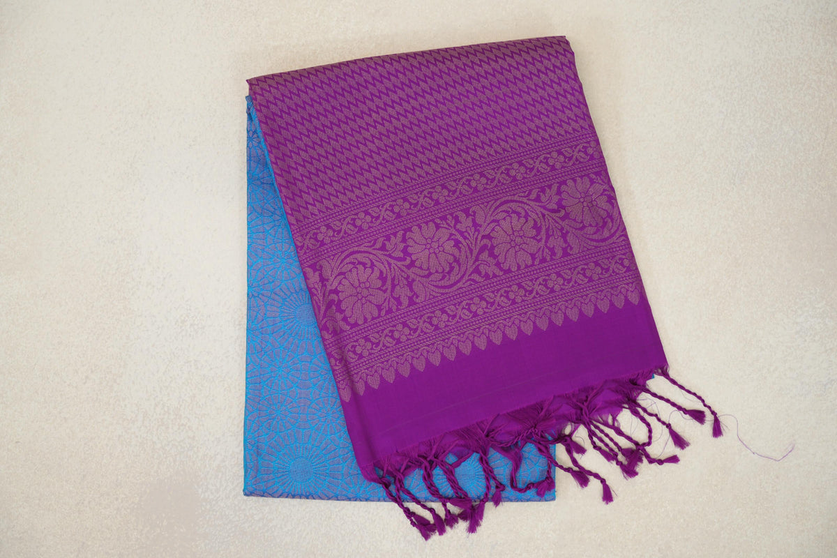 Deep Sky Blue with Bright Violet Purple Borders Soft Silk Saree by Tharakaram PSTK040186