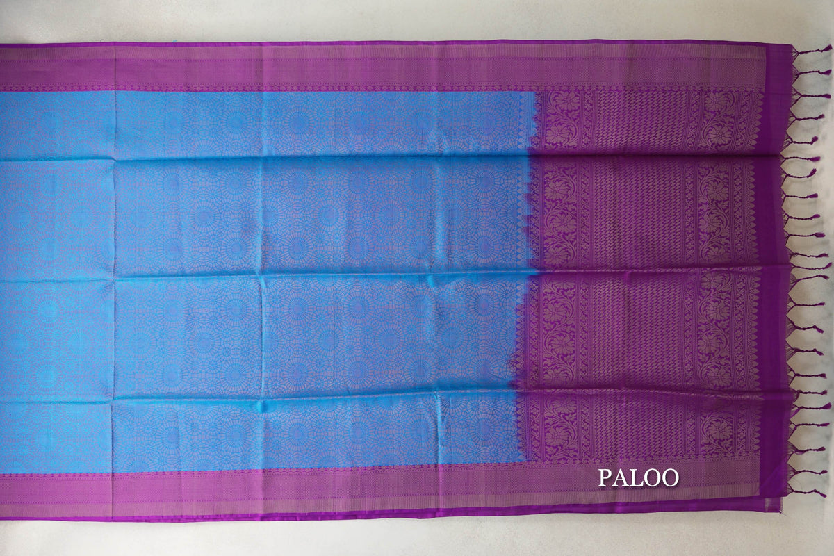 Deep Sky Blue with Bright Violet Purple Borders Soft Silk Saree by Tharakaram PSTK040186