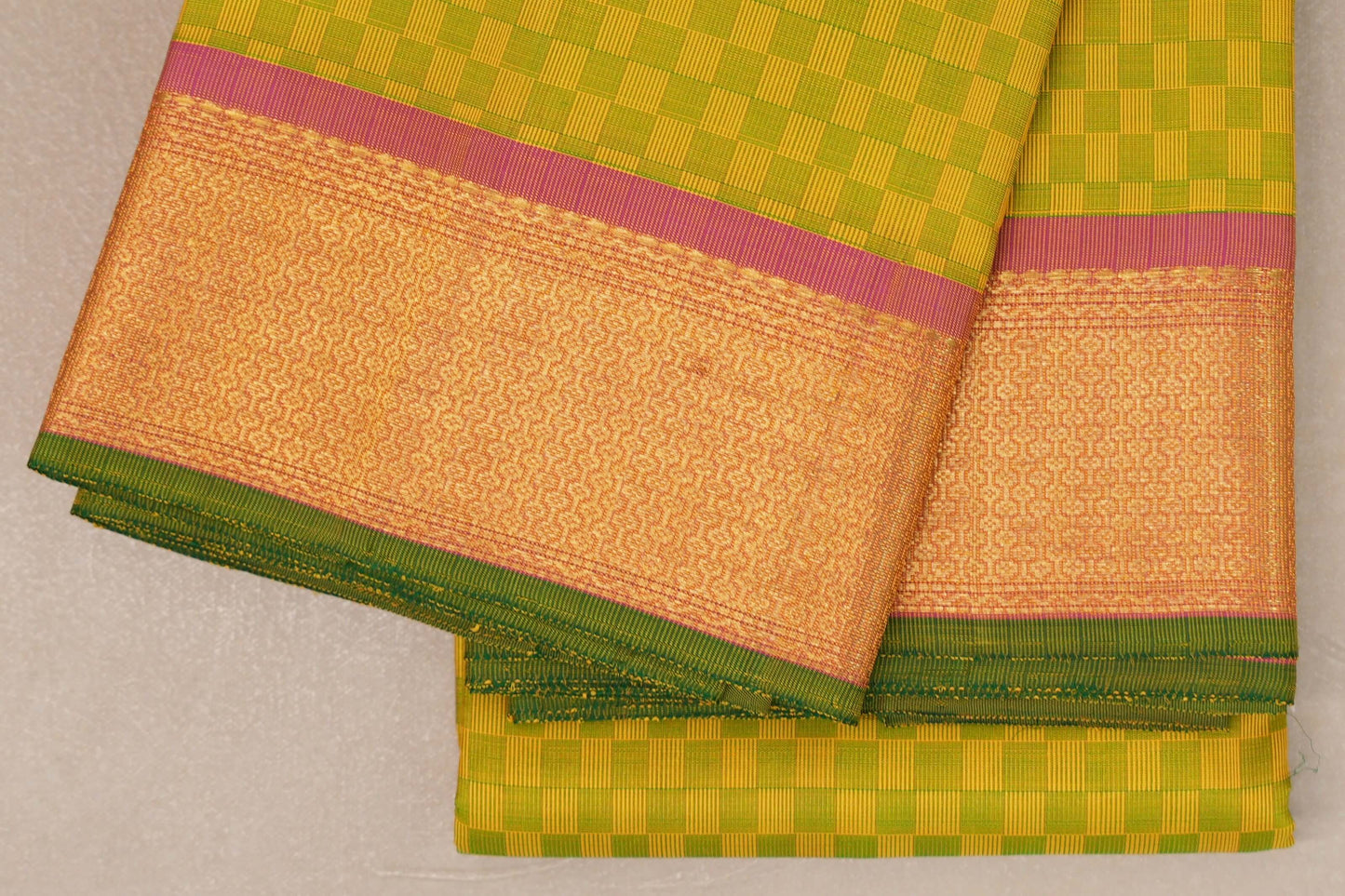 Green and Yellow Checks with Pink Borders Vintage Kanjivaram Silk Saree border zoom