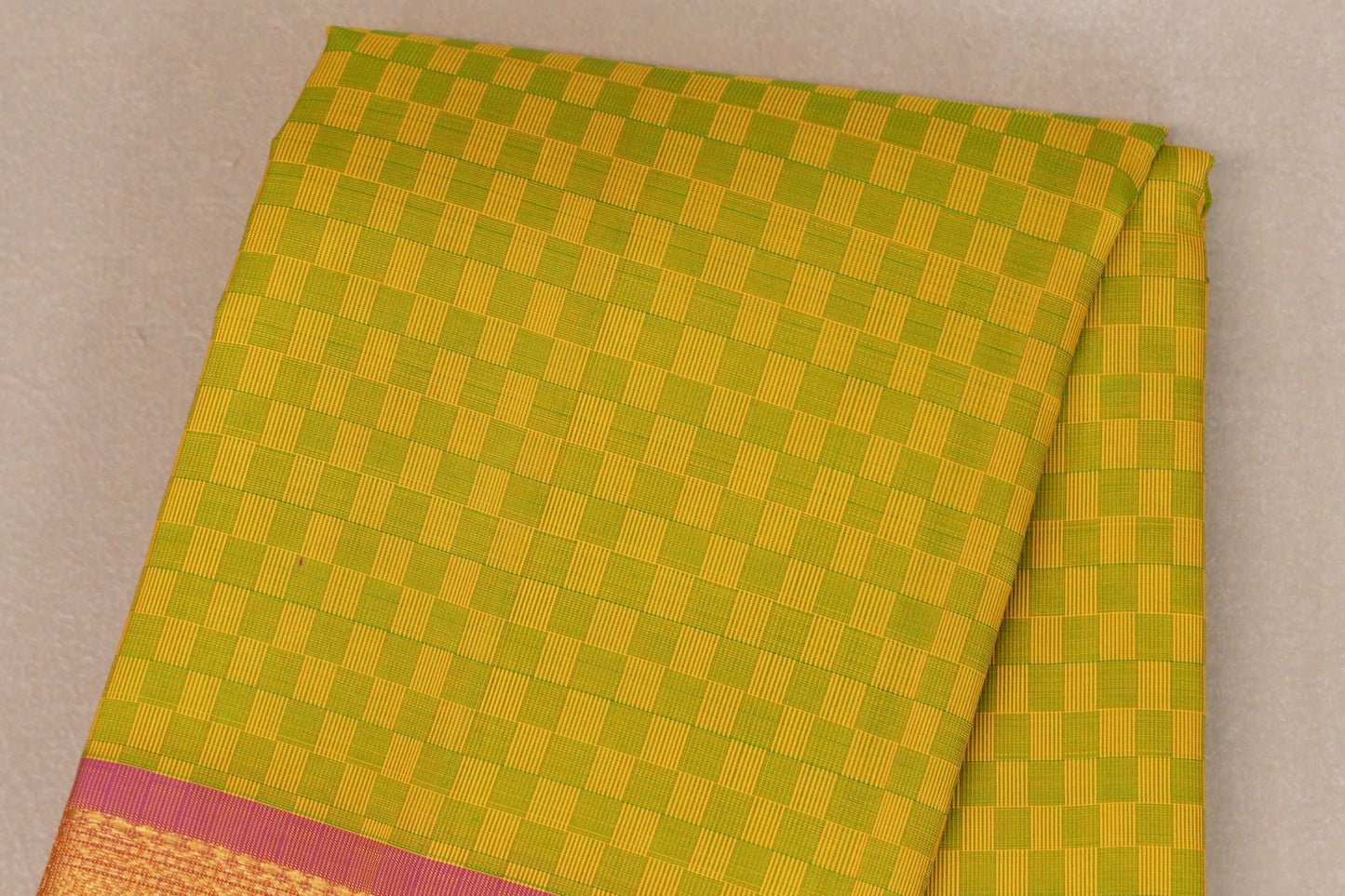 Green and Yellow Checks with Pink Borders Vintage Kanjivaram Silk Saree body zoom