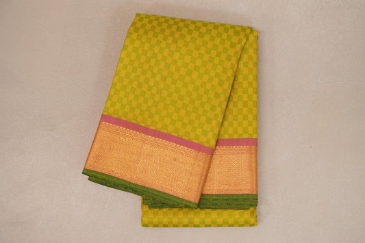 folded Green and Yellow Checks with Pink Borders Vintage Kanjivaram Silk Saree