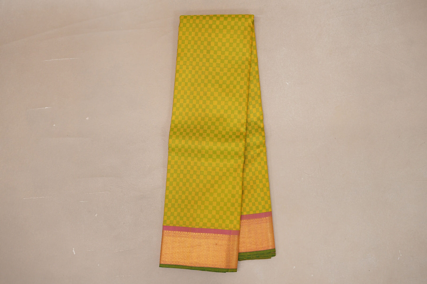 Green and Yellow Checks with Pink Borders Vintage Kanjivaram Silk Saree online