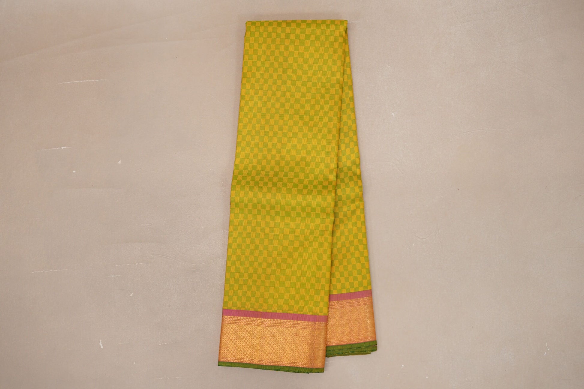 Green and Yellow Checks with Pink Borders Vintage Kanjivaram Silk Saree online