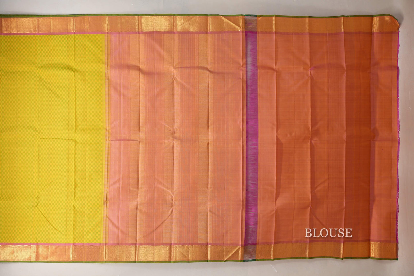 Green and Yellow Checks with Pink Borders Vintage Kanjivaram Silk Saree blouse