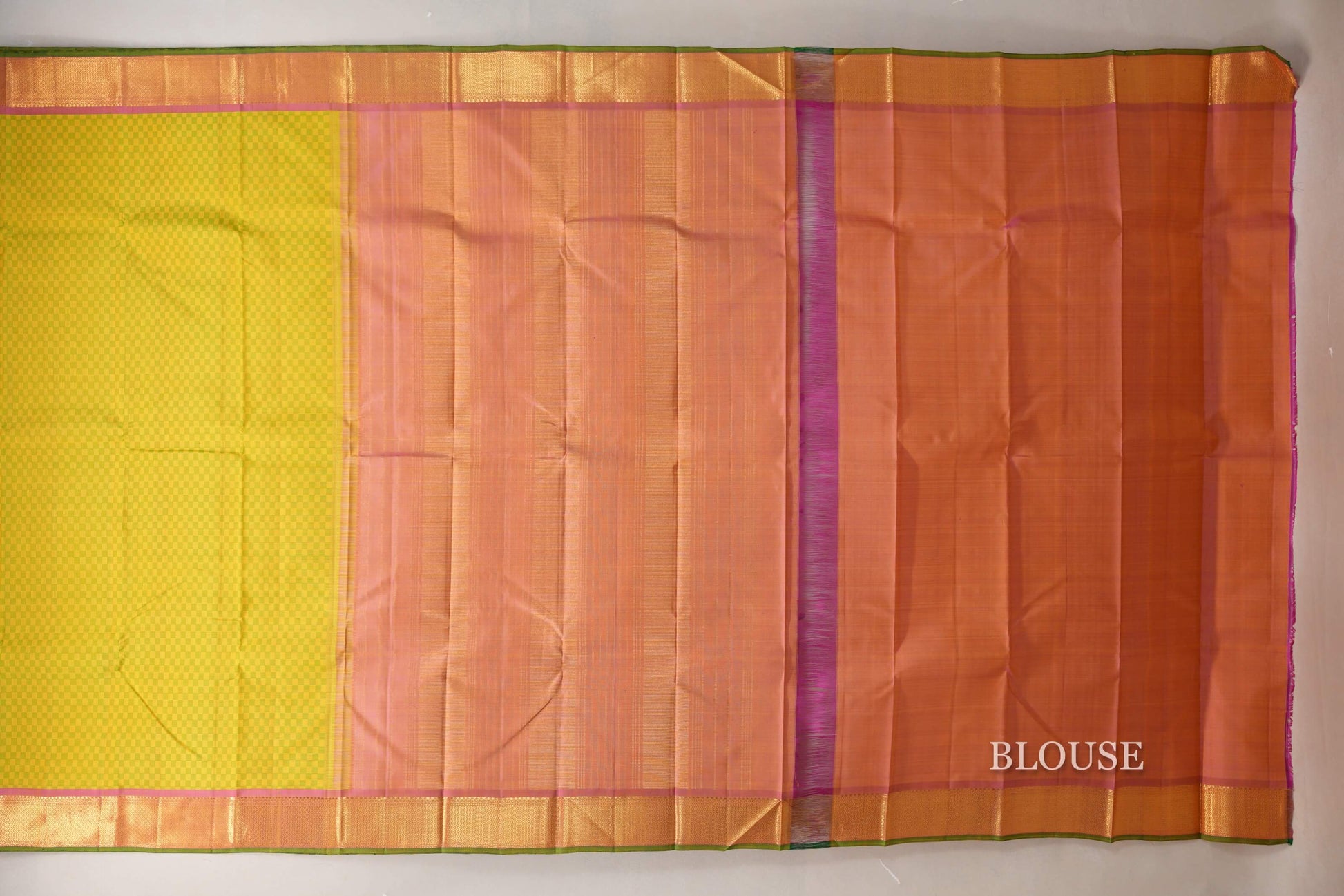 Green and Yellow Checks with Pink Borders Vintage Kanjivaram Silk Saree blouse