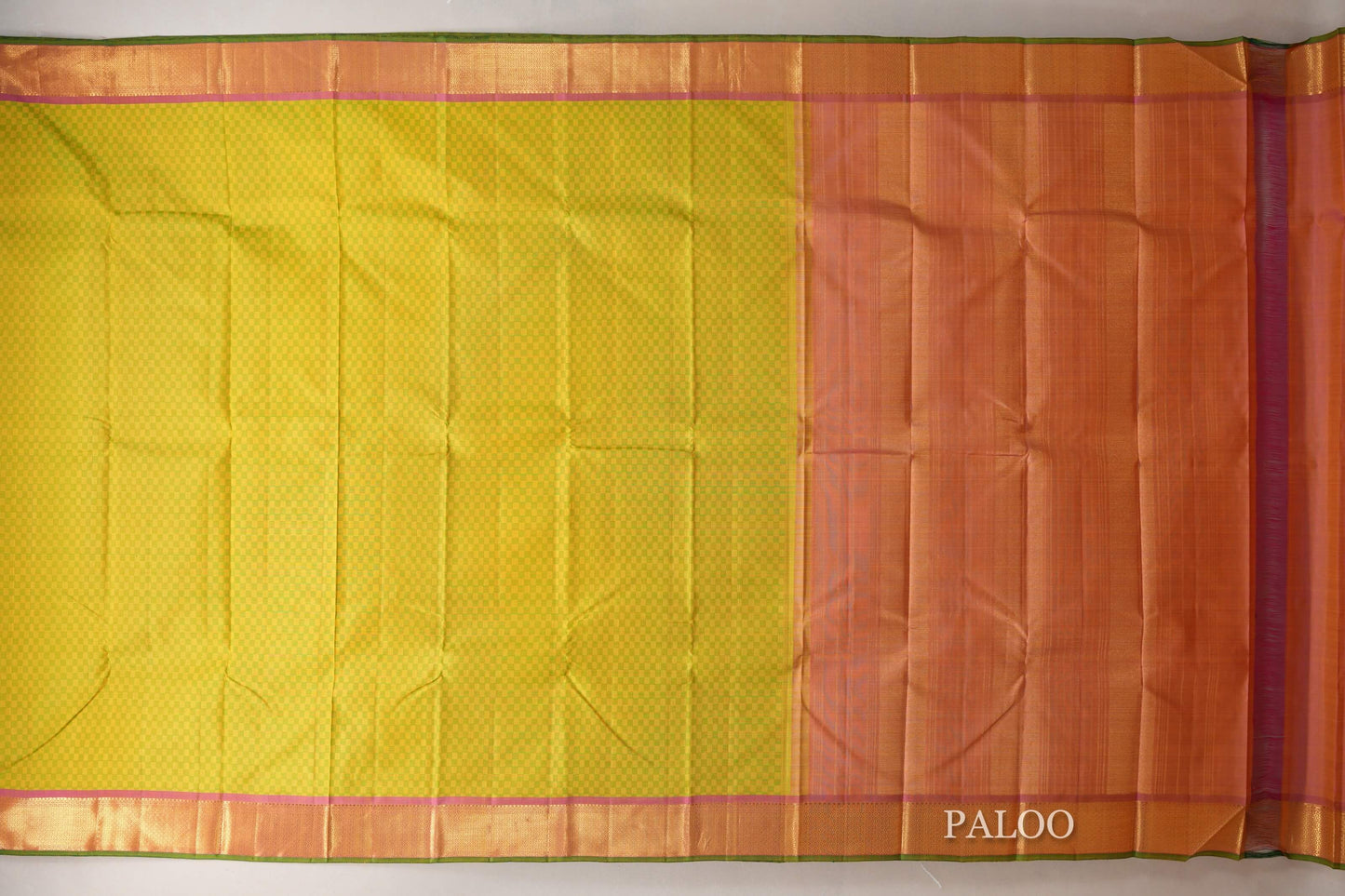Green and Yellow Checks with Pink Borders Vintage Kanjivaram Silk Saree paloo