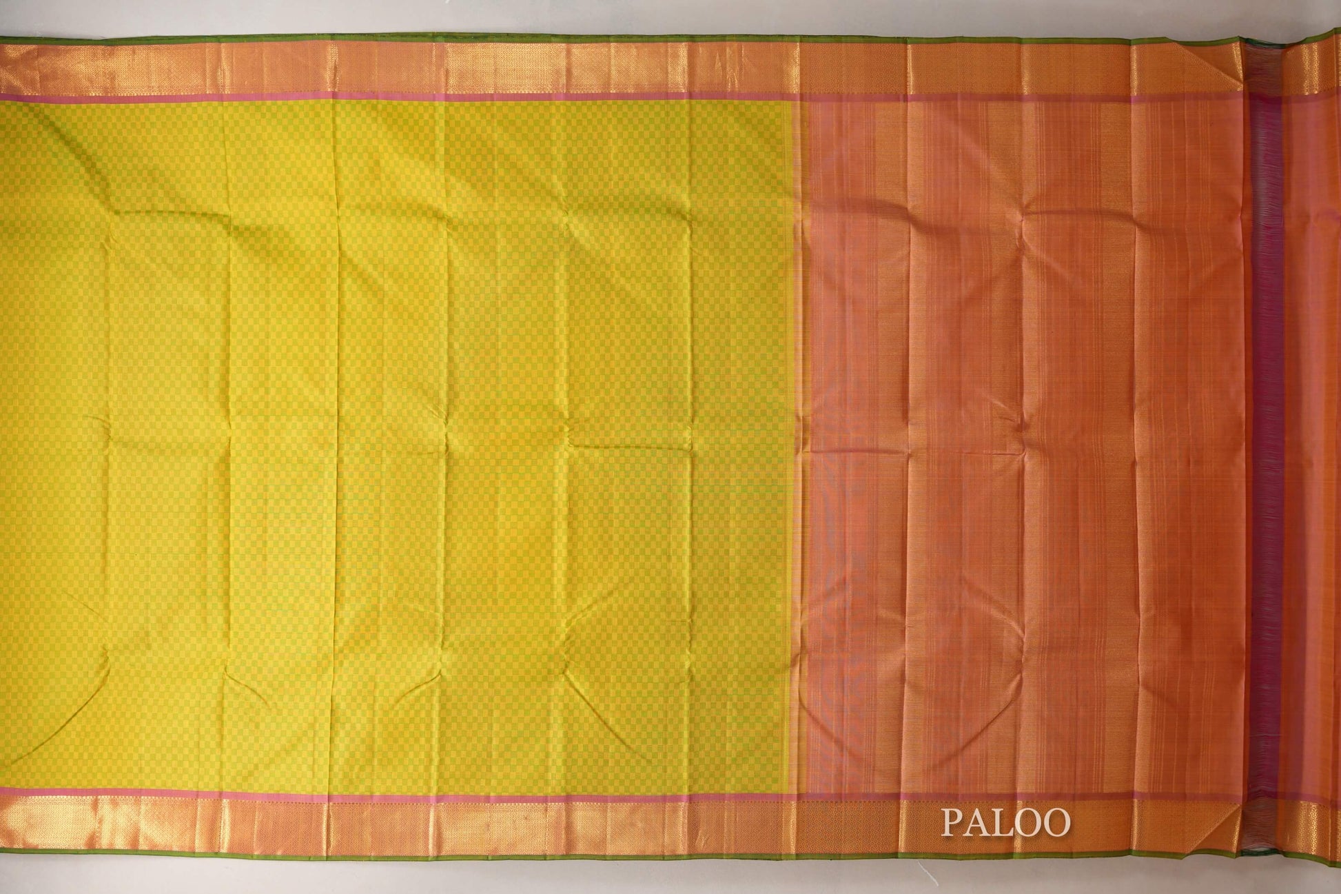 Green and Yellow Checks with Pink Borders Vintage Kanjivaram Silk Saree paloo