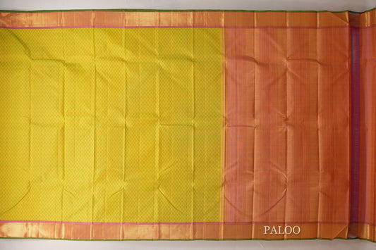 Green and Yellow Checks with Pink Borders Vintage Kanjivaram Silk Saree paloo