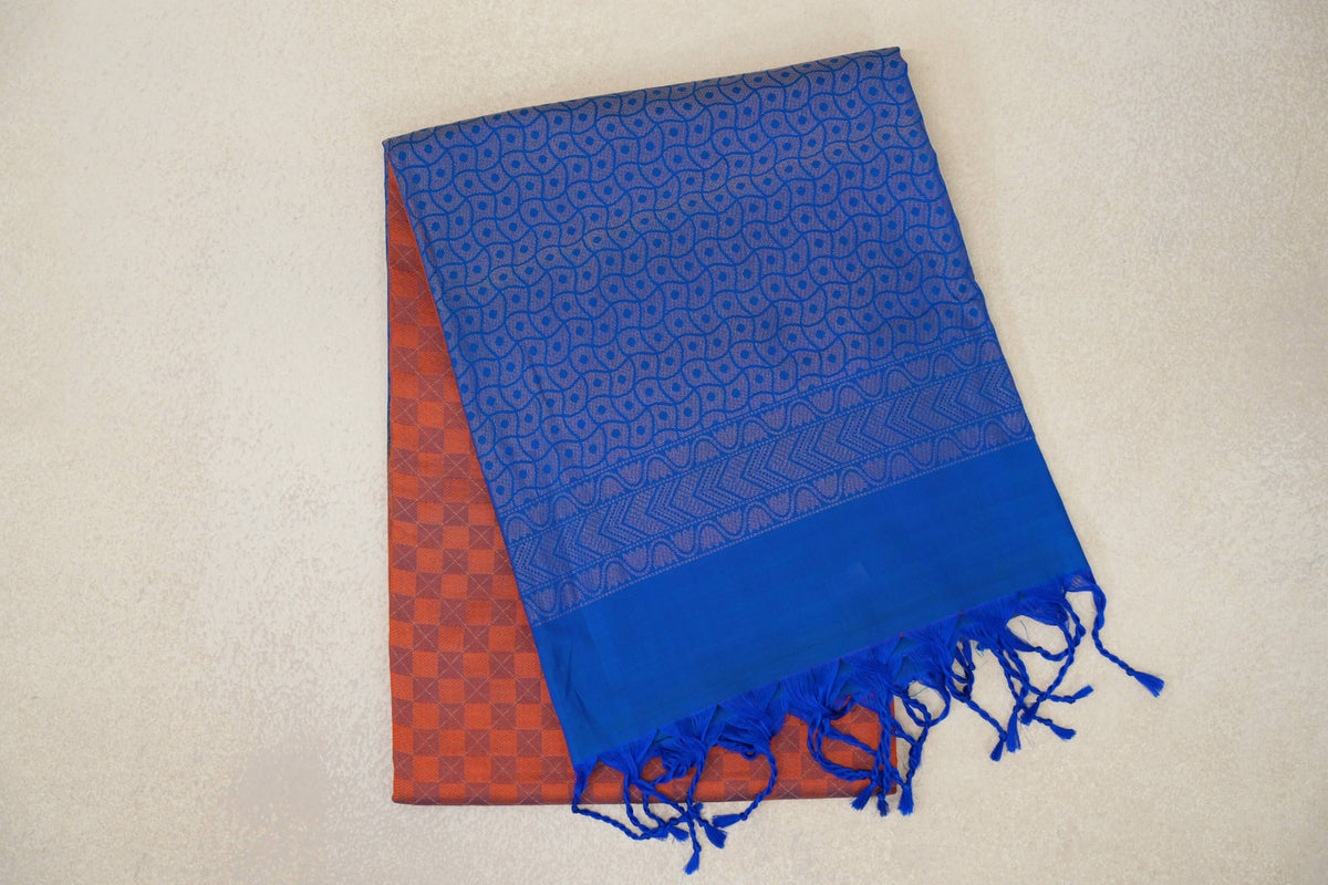 Rust Orange with Peacock Blue Borders Soft Silk Saree by Tharakaram PSTK040190