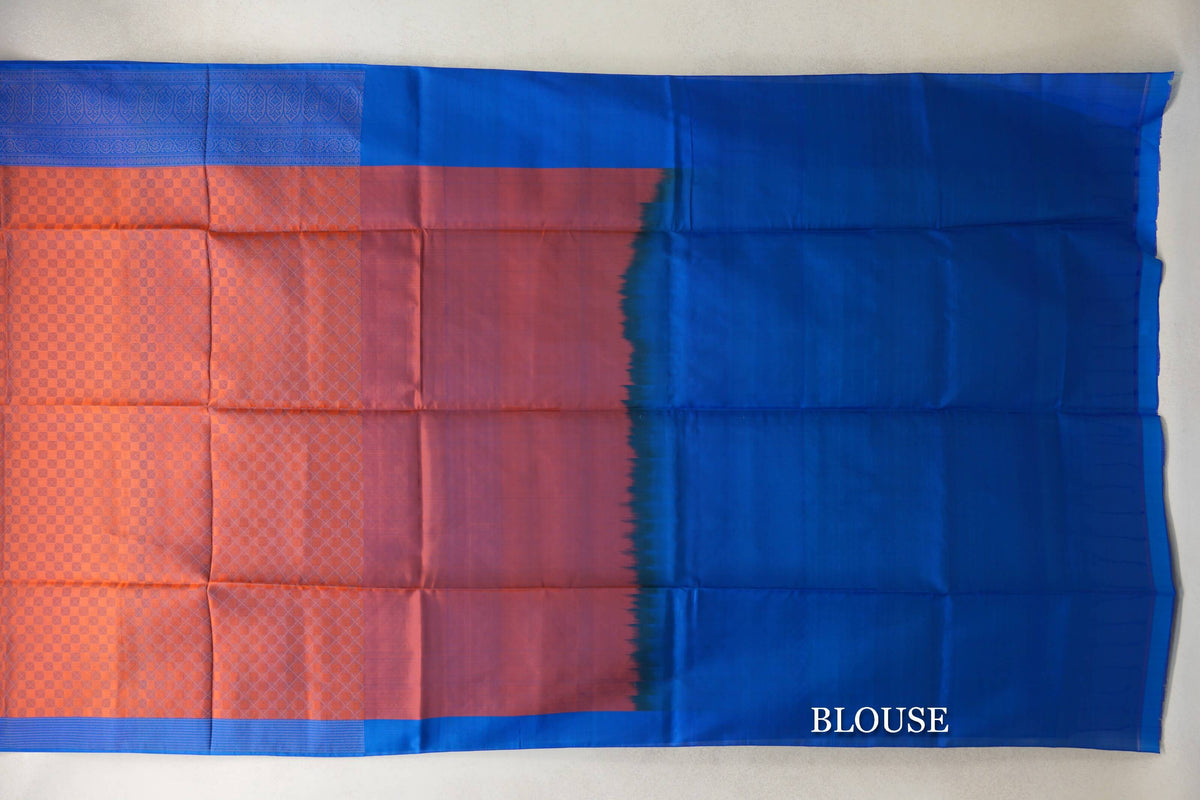 Rust Orange with Peacock Blue Borders Soft Silk Saree by Tharakaram PSTK040190