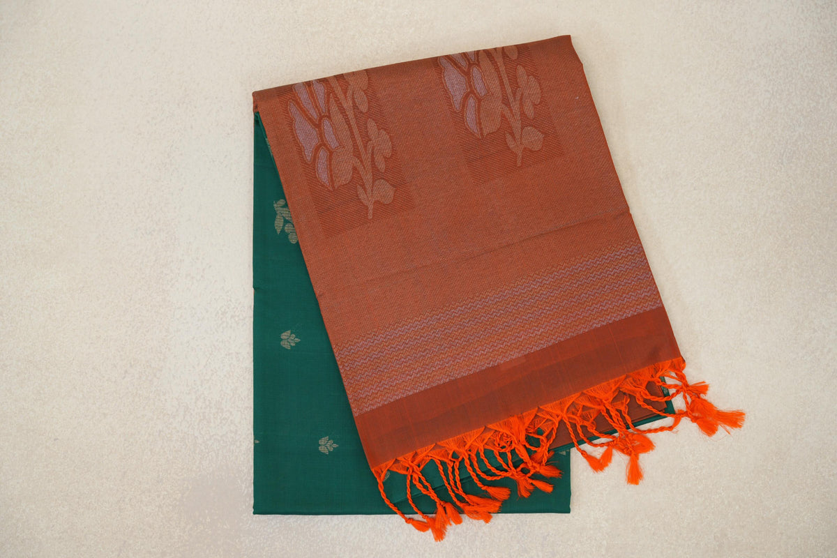 Emerald Green with Rust Orange Borders Soft Silk Saree by Tharakaram PSTK040191