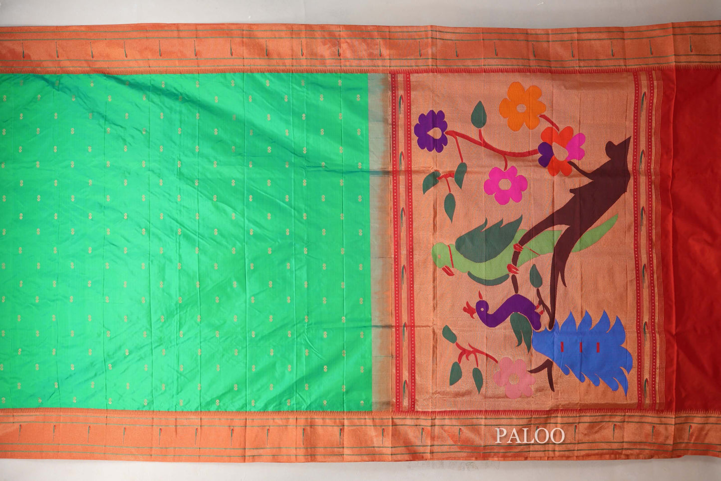 Bright Green Paithani Inspired Soft Silk Saree paloo