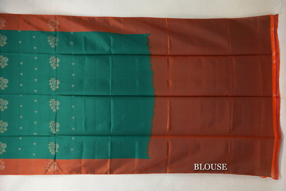 Emerald Green with Rust Orange Borders Soft Silk Saree by Tharakaram PSTK040191