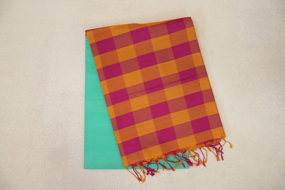Aqua Green with Mustard Orange & Rani Pink Checks Borders Soft Silk Saree by Tharakaram PSTK040192