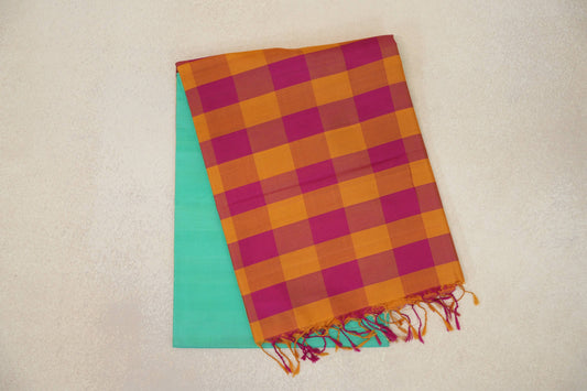 Aqua Green with Mustard Orange & Rani Pink Checks Borders Soft Silk Saree by Tharakaram PSTK040192