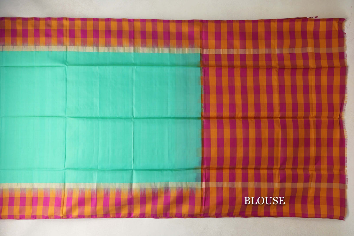 Aqua Green with Mustard Orange & Rani Pink Checks Borders Soft Silk Saree by Tharakaram PSTK040192