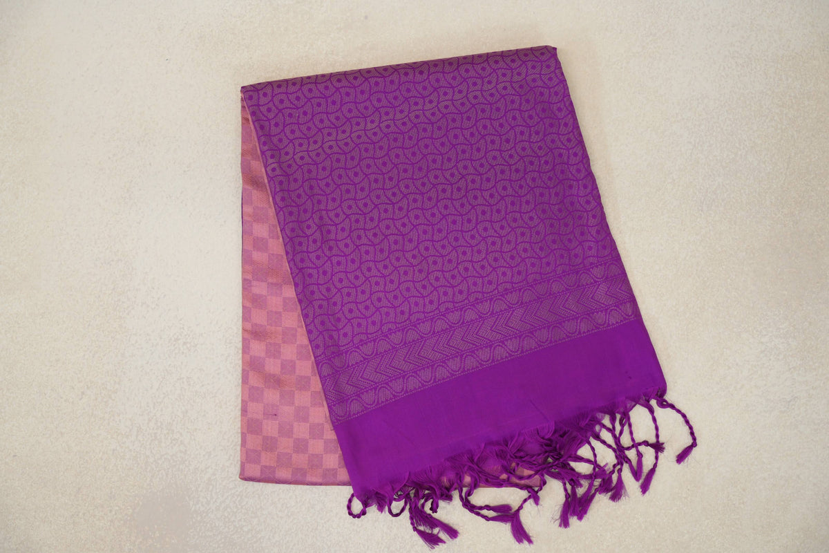 Light Dusty Pink with light Purple Checks with Bright Violet Purple Borders Soft Silk Saree by Tharakaram PSTK040194