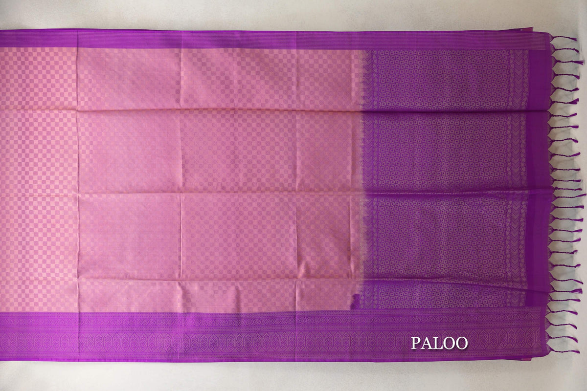 Light Dusty Pink with light Purple Checks with Bright Violet Purple Borders Soft Silk Saree by Tharakaram PSTK040194
