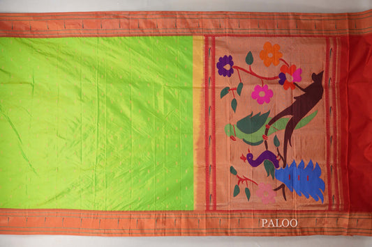 Yellowish Green Paithani Inspired Soft Silk Saree paloo