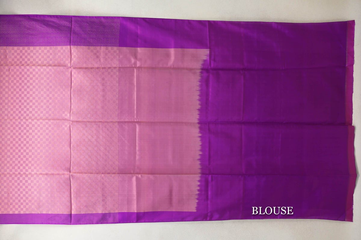 Light Dusty Pink with light Purple Checks with Bright Violet Purple Borders Soft Silk Saree by Tharakaram PSTK040194