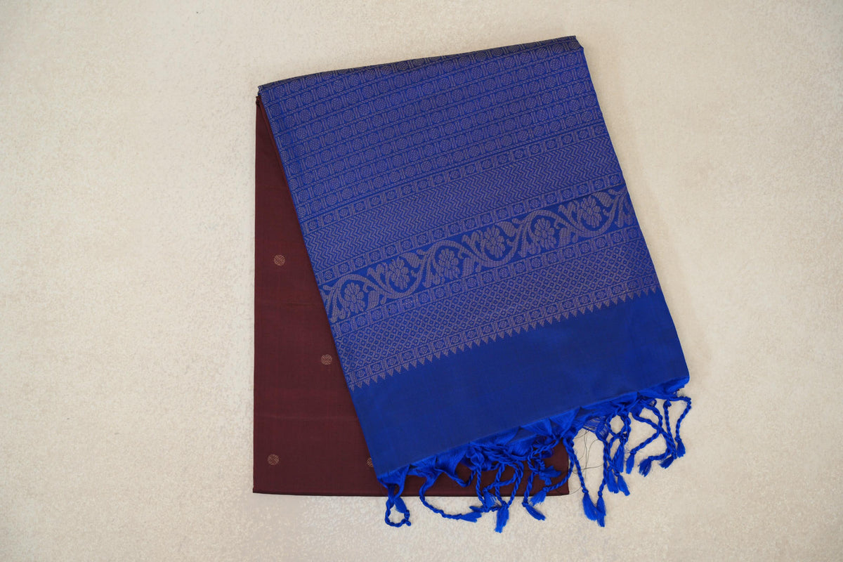 Deep Coffee Brown with Deep Blue Borders Soft Silk Saree by Tharakaram PSTK040195
