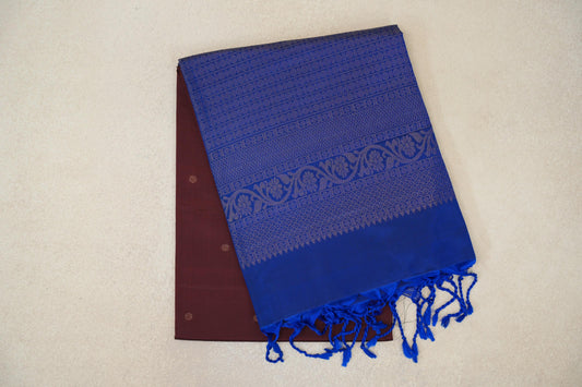 Deep Coffee Brown with Deep Blue Borders Soft Silk Saree by Tharakaram PSTK040195