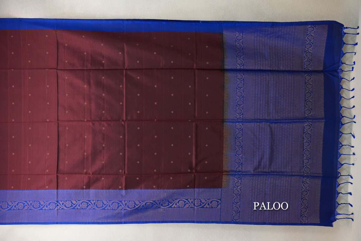 Deep Coffee Brown with Deep Blue Borders Soft Silk Saree by Tharakaram PSTK040195